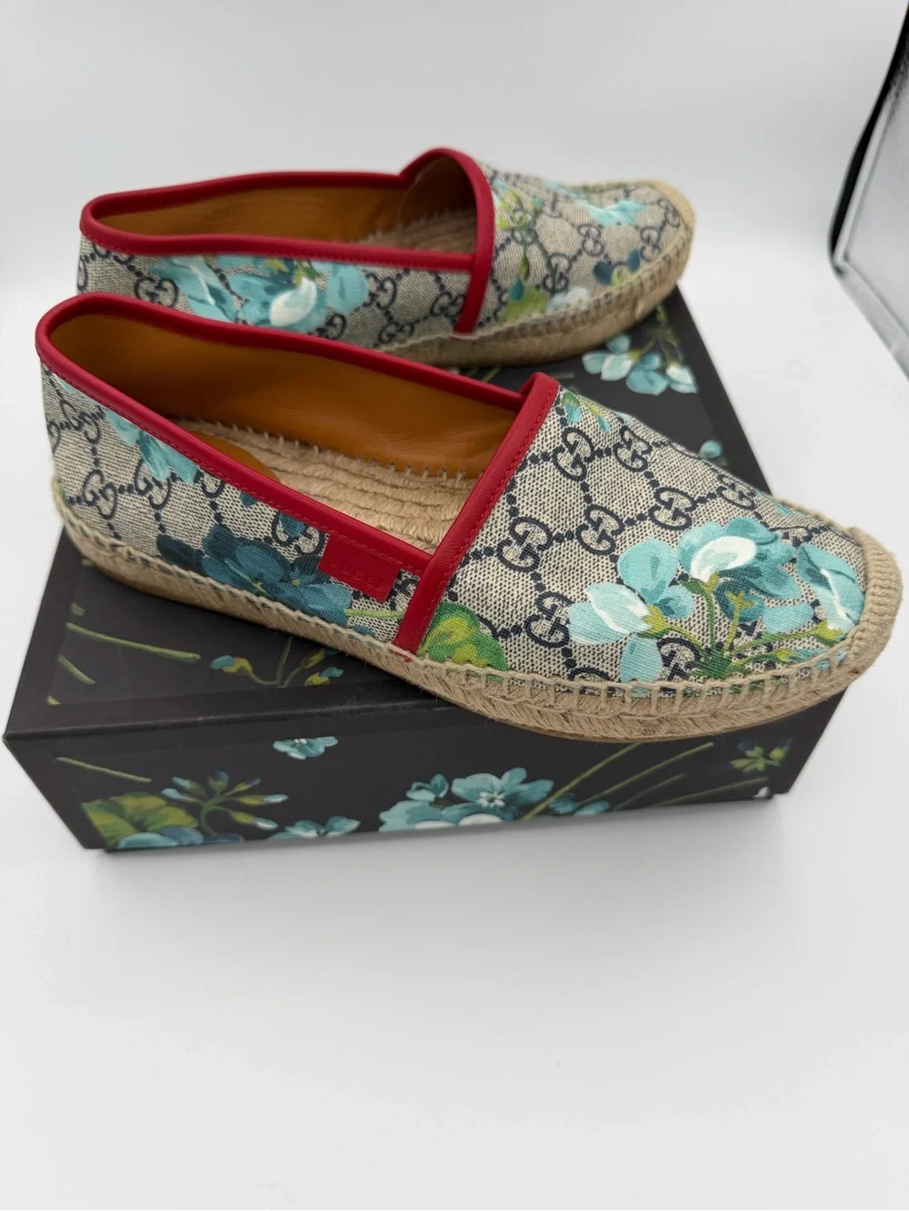 Gucci Women’s Floral GG Canvas Espadrilles with Red Trim